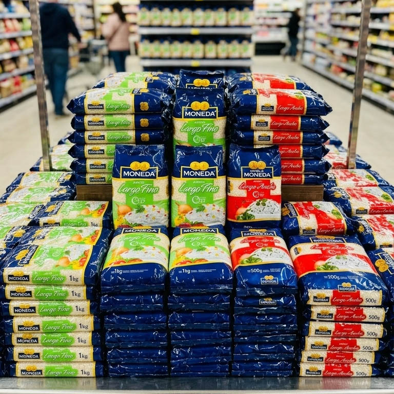 Productos Moneda en góndola de supermercado